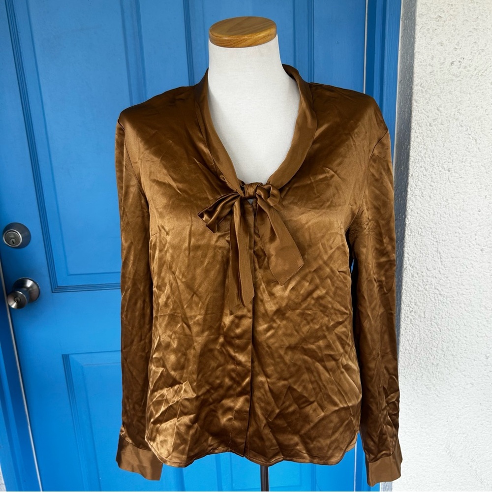 Grace Dane Lewis Brown 100% Silk Button Up Blouse with Neck Tie